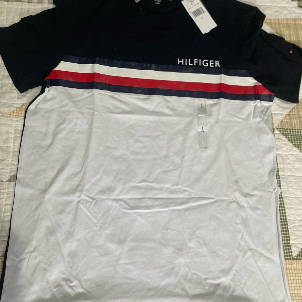 Tommy Hilfiger Blue and White Tee with Red and Blue Stripes